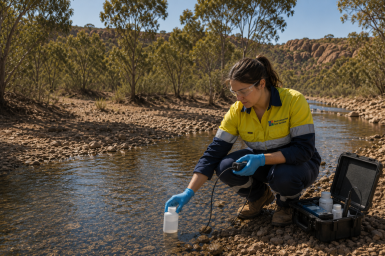 female worker at envss collecting water sample from creek